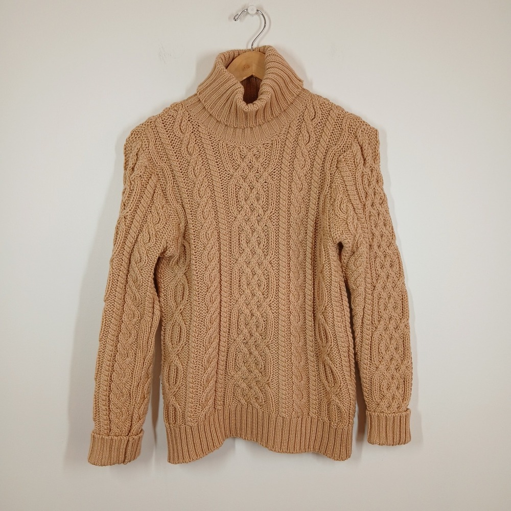 Paul James Sweater Womens Medium Beige Wool Cable Knit Turtleneck Pullover